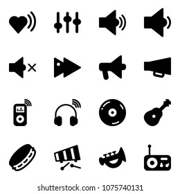 Solid vector icon set - heart beat vector, settings, volume medium, low, off, fast forward, loudspeaker, music player, wireless headphones, cd, guitar, tambourine, xylophone, horn toy, radio