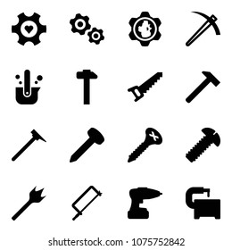 Solid vector icon set - heart gear vector, gears, globe, job, casting of steel, hammer, saw, mason, nail, screw, wood drill, metal hacksaw, machine tool