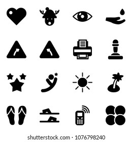 Solid vector icon set - heart vector, christmas deer hat, eye, drop hand, turn right road sign, left, printer, pawn, stars, flying man, sun, palm, flip flops, mobile phone, atom core