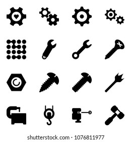 Solid vector icon set - heart gear vector, circuit, wrench, screw, nut, wood drill, machine tool, winch, laser lever, toy hammer