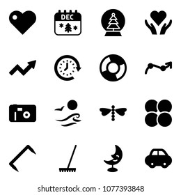 Solid vector icon set - heart vector, christmas calendar, snowball tree, care, growth arrow, clock around, circle chart, point, photo, waves, dragonfly, atom core, staple, rake, moon lamp, car
