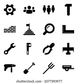 Solid vector icon set - heart gear vector, group, work, brick wall, pyramid flag, magnifier, corner ruler, wrench, side cutters, milling cutter, drill machine, shovel, farm fork, trailer
