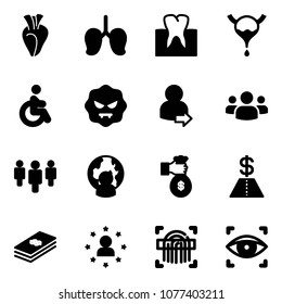 Solid vector icon set - heart vector, lungs, tooth, bladder, disabled, virus, user login, group, man globe, rich, dollar, star, fingerprint scanner, eye