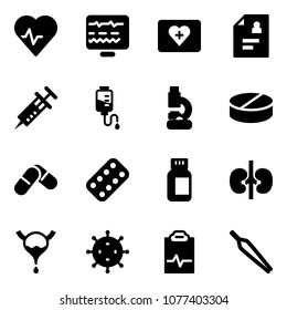 Solid vector icon set - heart pulse vector, diagnostic monitor, first aid kit, patient card, syringe, drop counter, lab, pill, pills, blister, bottle, kidneys, bladder, virus, clipboard, forceps