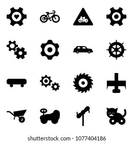 Solid vector icon set - heart gear vector, bike, road for moto sign, limousine, hand wheel, skateboard, saw disk, milling cutter, wheelbarrow, baby car, toy windmill, cat