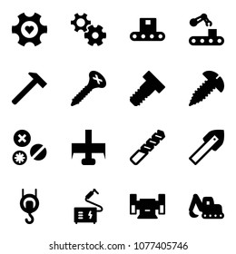 Solid vector icon set - heart gear vector, conveyor, hammer, screw, bolt, rivet, milling cutter, drill, tile, winch, welding, sharpening, excavator toy