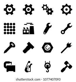 Solid vector icon set - heart gear vector, circuit, plant, wrench, screw, bolt, nut, wood drill, machine tool, winch, toy hammer