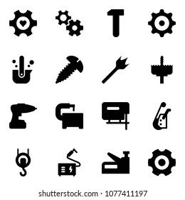 Solid vector icon set - heart gear vector, work, casting of steel, screw, wood drill, crown, machine tool, jig saw, winch, welding, stapler