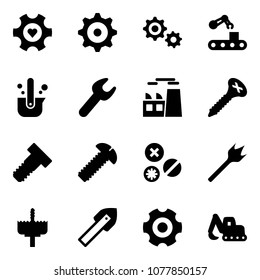Solid vector icon set - heart gear vector, conveyor, casting of steel, wrench, plant, screw, bolt, rivet, wood drill, crown, tile, excavator toy