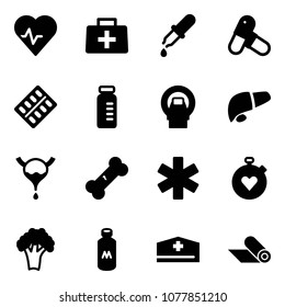 Solid vector icon set - heart pulse vector, doctor bag, pipette, pills, blister, vial, mri, liver, bladder, broken bone, ambulance star, stopwatch, broccoli, milk, hat, mat