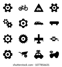 Solid vector icon set - heart gear vector, bike, road for moto sign, limousine, skateboard, saw disk, milling cutter, jack, wheelbarrow, car toy, baby