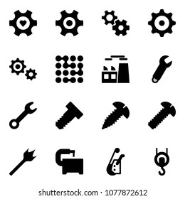 Solid vector icon set - heart gear vector, circuit, plant, wrench, bolt, screw, wood drill, machine tool, winch