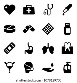 Solid vector icon set - heart vector, doctor bag, stethoscope, pipette, pill, pills, blister, bottle, medical patch, stomach, lungs, tooth, bladder, mask, drop hand, liquid soap