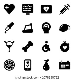 Solid vector icon set - heart vector, diagnostic monitor, first aid kit, syringe, pipette, treadmill, mri, lemon, bladder, broken bone, disabled, stopwatch, slice, mobile, pear, schedule