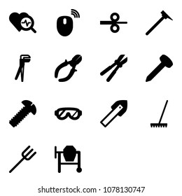 Solid vector icon set - heart diagnosis vector, mouse wireless, steel rolling, mason hammer, plumber, side cutters, bolt cutter, nail, screw, protective glasses, tile drill, rake, farm fork