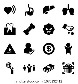 Solid vector icon set - heart beat vector, stomach, liver, lungs, tooth, broken bone, virus, investment, pedestrian road sign, user check, dollar, success, world, team leader, fingerprint scanner