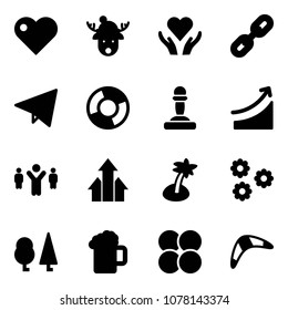 Solid vector icon set - heart vector, christmas deer hat, care, link, paper fly, circle chart, pawn, rise, team leader, arrows up, palm, flower, forest, beer, atom core, boomerang