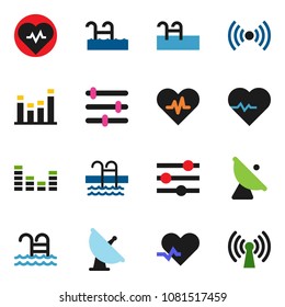 solid vector icon set - heart pulse vector, pool, satellite antenna, equalizer, wireless