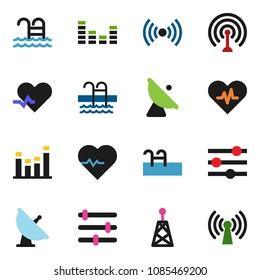 solid vector icon set - heart pulse vector, pool, satellite antenna, equalizer, wireless