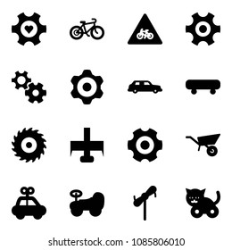 Solid vector icon set - heart gear vector, bike, road for moto sign, limousine, skateboard, saw disk, milling cutter, wheelbarrow, car toy, baby, windmill, cat