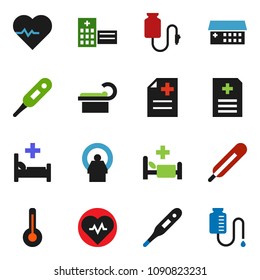 solid vector icon set - heart pulse vector, thermometer, amnesics, hospital bed, building, tomography, drop counter