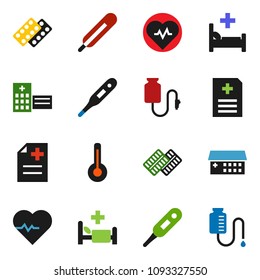 solid vector icon set - heart pulse vector, thermometer, pills blister, anamnesis, hospital bed, building, drop counter