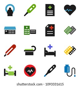 solid vector icon set - heart pulse vector, thermometer, pills blister, anamnesis, hospital bed, building, tomography, drop counter
