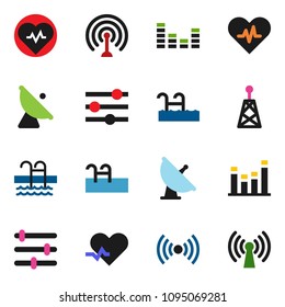 solid vector icon set - heart pulse vector, pool, satellite antenna, equalizer, wireless