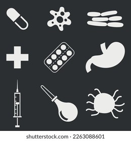 Solid vector icon set - heart pulse vector, first aid room, syringe, vial, pills, blister, bottle, lemon, eye, tooth brush, drop hand, sun, broccoli, breads, cereal