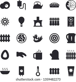 Solid vector icon set - heating batteries vector, flat, boiler, teapot, electric kettle, potholder, induction cooker, sausage, pizza, soup, pie, hot peppers, tea, scrambled eggs, thermometer, sun