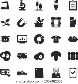 Solid vector icon set - heating batteries flat vector, cutting board, mushroom, salad, carrot, scrambled eggs, ear, tree leaf, factory, cash, trucking, clipboard, virus, computer chart, microscope