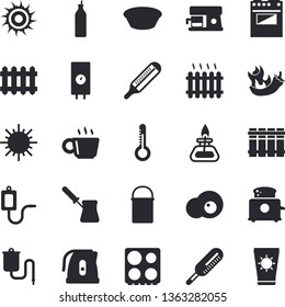 Solid vector icon set - heating batteries flat vector, boiler, hiking pot, electric kettle, turk, stove, toaster, coffee machine, soup, hot peppers, scrambled eggs, mustard, thermometer, sun, fector