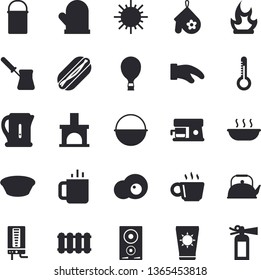 Solid vector icon set - heating batteries vector, boiler flat, cauldron, hiking pot, teapot, electric kettle, potholder, turk, induction cooker, coffee machine, hot dog, soup, tea, scrambled eggs