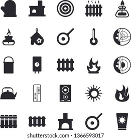 Solid vector icon set - heating batteries vector, flat, boiler, hiking pot, teflon, teapot, potholder, fire, induction cooker, temperature, thermometer, bonfire, fireplace, radiator, gas burner, sun