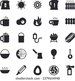 Solid vector icon set - heating batteries vector, cauldron flat, hiking pot, electric kettle, turk, fire, temperature, barbecue, sausage, hot dog, pizza, soup, tea, scrambled eggs, sun, radiator