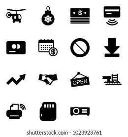 Solid vector icon set - helicopter vector, christmas ball, dollar, tap pay, credit card, calendar, prohibition road sign, download, growth arrow, agreement, open, pool, printer wireless, micro flash