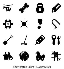 Solid vector icon set - helicopter vector, broken bone, weight, highlight marker, money managemet, sun, piston, fretsaw, shovel, rake, fork toy, bucket, basketball, duck, Tic tac toe