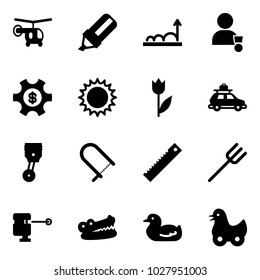 Solid vector icon set - helicopter vector, highlight marker, growth, winner, money managemet, sun, tulip, car baggage, piston, fretsaw, ruler, farm fork, laser lever, crocodile, toy duck