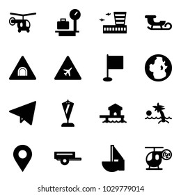Solid vector icon set - helicopter vector, baggage scales, airport building, sleigh, tunnel road sign, flag, globe, paper fly, pennant, bungalow, palm, navigation pin, trailer, sailboat toy