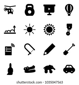 Solid vector icon set - helicopter vector, weight, presentation board, air balloon, growth, sun, piston, server wireless, fretsaw, pencil, shovel, brush, crocodile, elephant wheel, car