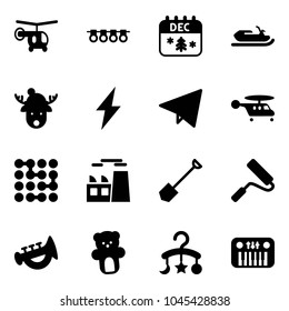 Solid vector icon set - helicopter vector, garland, christmas calendar, snowmobile, deer hat, lightning, paper fly, circuit, plant, shovel, paint roller, horn toy, bear, baby carousel, piano