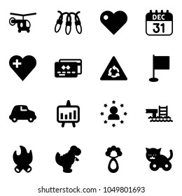 Solid vector icon set - helicopter vector, garland, heart, 31 dec calendar, credit card, round motion road sign, flag, car, presentation chart, star man, pool, fire, dinosaur toy, beanbag, cat