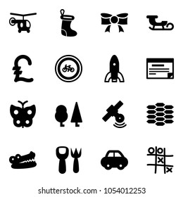 Solid vector icon set - helicopter vector, christmas sock, bow, sleigh, pound, no bike road sign, rocket, schedule, butterfly, forest, satellite, carbon, crocodile, shovel fork toy, car, Tic tac toe