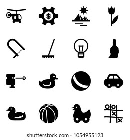 Solid vector icon set - helicopter vector, money managemet, pyramid, tulip, fretsaw, rake, bulb, brush, laser lever, duck toy, ball, car, basketball, Tic tac toe