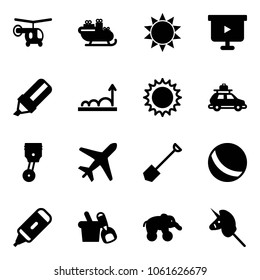 Solid vector icon set - helicopter vector, santa sleigh, sun, presentation board, highlight marker, growth, car baggage, piston, plane, shovel, ball, bucket, elephant wheel, toy unicorn stick