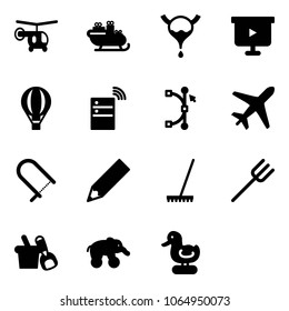 Solid vector icon set - helicopter vector, santa sleigh, bladder, presentation board, air balloon, server wireless, bezier, plane, fretsaw, pencil, rake, farm fork, shovel bucket, elephant wheel