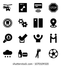 Solid vector icon set - helicopter vector, x ray, tap pay, stop road sign, no dangerous cargo, gear, pause, map pin, head hunter, check, success, agreement, rain cloud, uv cream, plumber