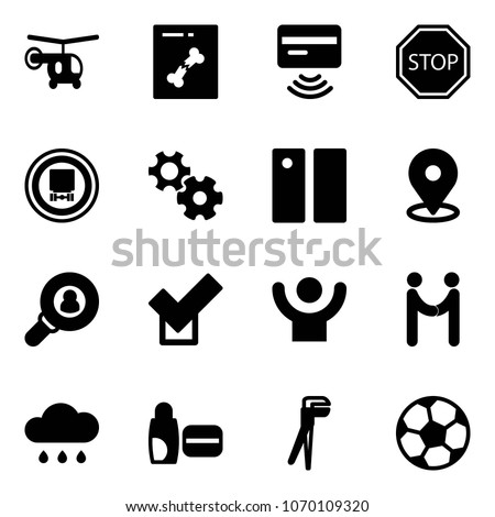 Solid vector icon set - helicopter vector, x ray, tap pay, stop road sign, no dangerous cargo, gear, pause, map pin, head hunter, check, success, agreement, rain cloud, uv cream, plumber