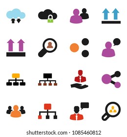 solid vector icon set - hierarchy vector, client, top sign, speaking man, group, cloud lock, exchange, share, search