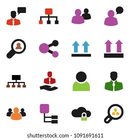 solid vector icon set - hierarchy vector, client, top sign, speaking man, group, cloud lock, share, user, search